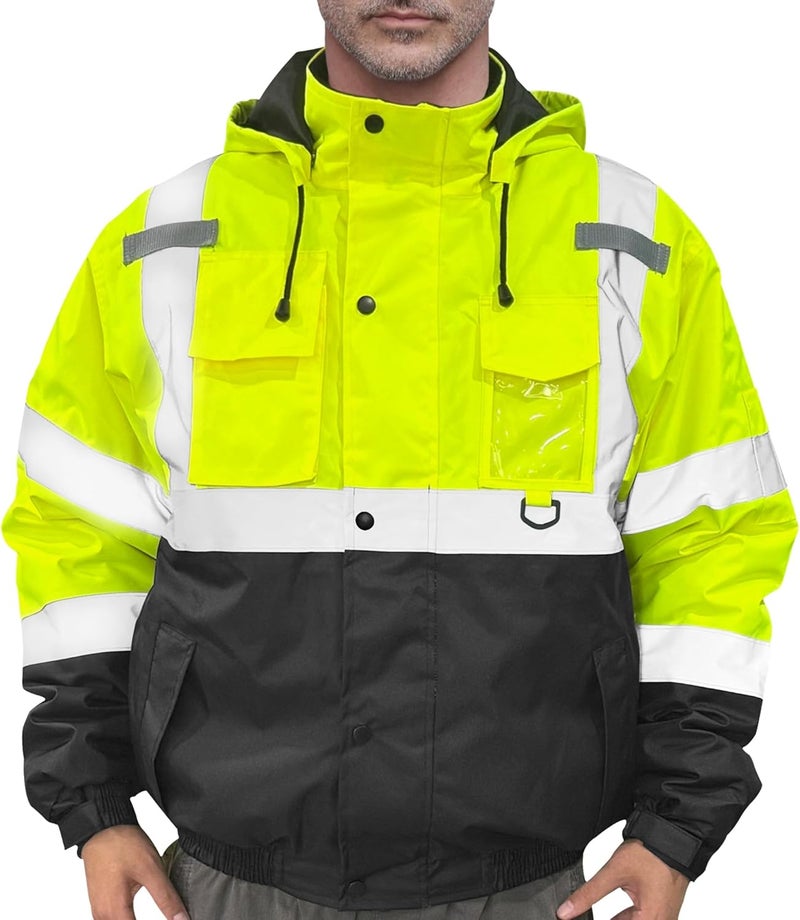 FATONE Store Hi Vis Jackets for Men Reflective Safety, Construction Worker Winter Coat Waterproof with Black Bottom ANSI/ISEA, Lime XL - Image 1